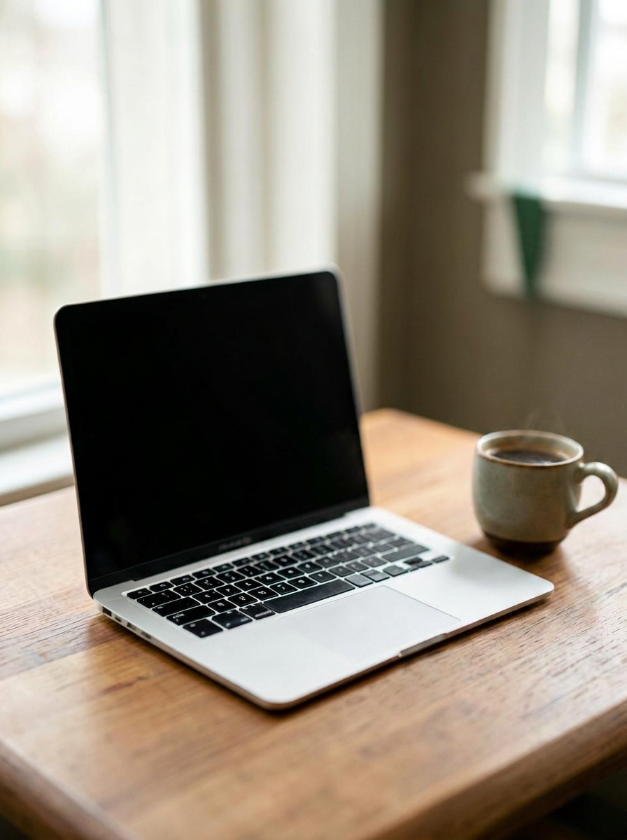 Notebook aberto ao lado de uma xícara de café sobre a mesa